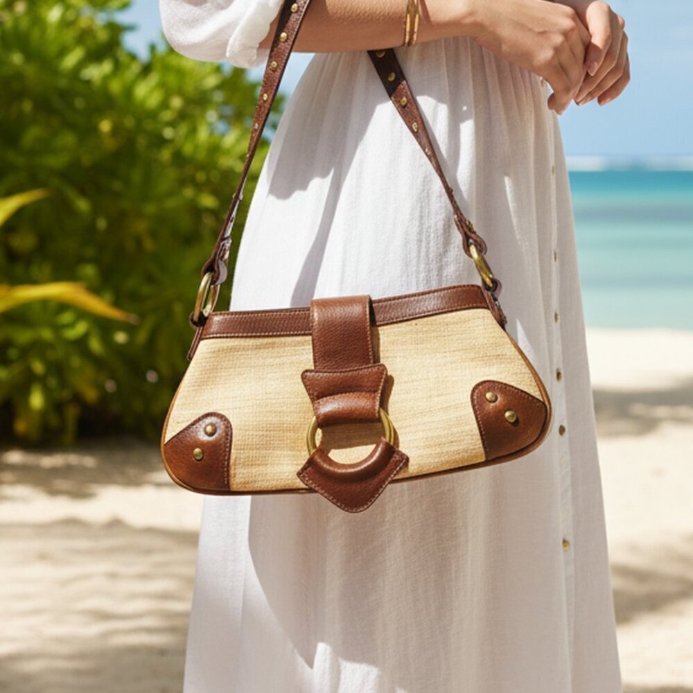 White House Black Market Tan and Brown Straw Mini Shoulder Bag
